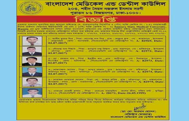৬ ভুয়া চিকিৎসকের রেজিস্ট্রেশন বাতিল ও মামলা করলো বিএমডিসি