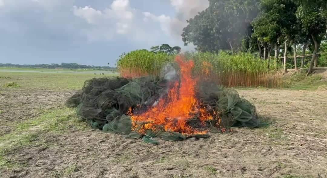 ফরিদপুরে ভ্রাম্যমাণ আদালতের দিনব্যাপী  অভিযানে অবৈধ চায়না দুয়ারি জাল ধ্বংস
