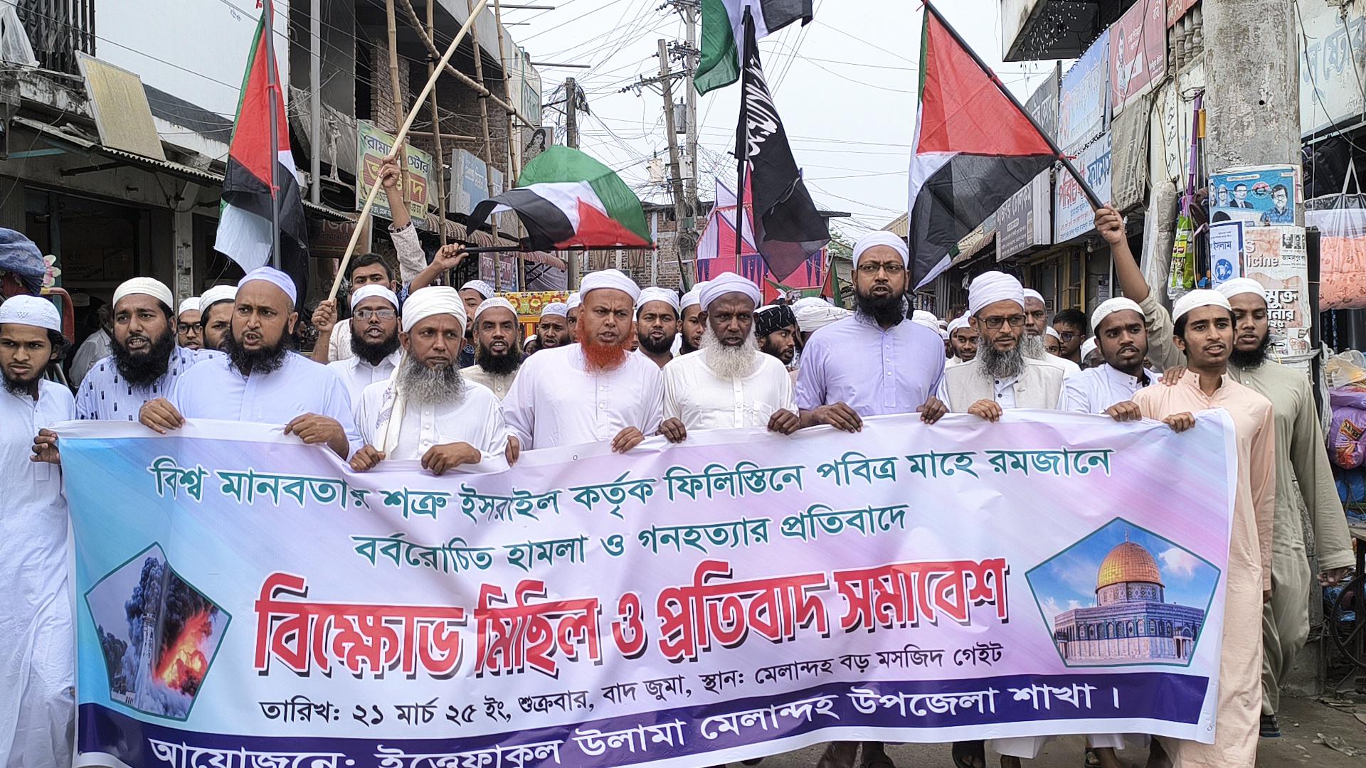 গাজায় গণহত্যা ও নাগপুরে সাম্প্রদায়িক দাঙ্গার প্রতিবাদে জামালপুরে বিক্ষোভ সমাবেশ