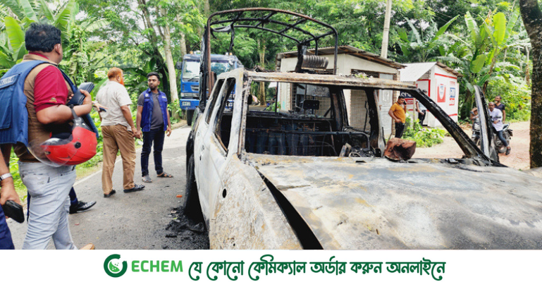 মুখোশ পরে পুলিশের পিকআপ ভ্যানে অগ্নিসংযোগ, ৫ পুলিশ সদস্য আহত