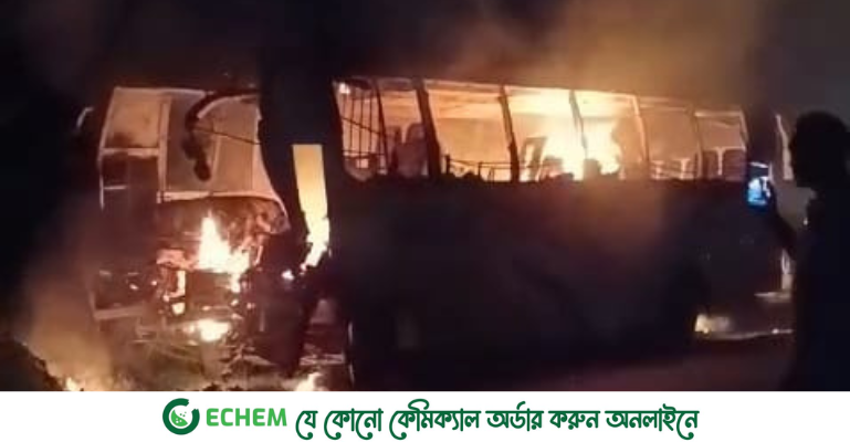 ফরিদপুরে দুর্ঘটনায় জব্দকৃত বাসে আগুন