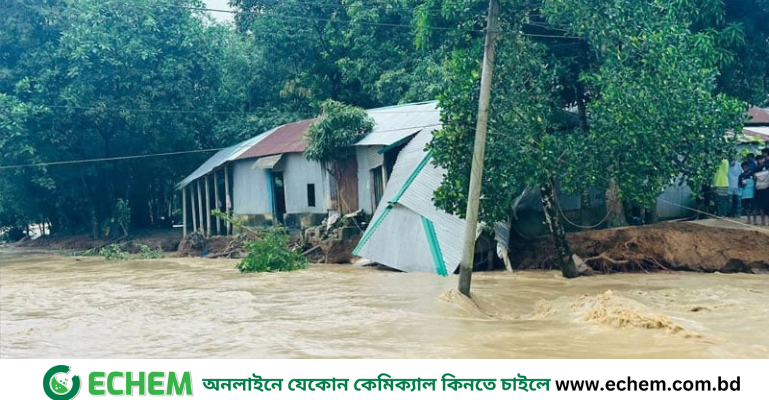ঢলে বাঁধ ভেঙে লোকালয়ে ঢুকে পড়েছে নদীর পানি